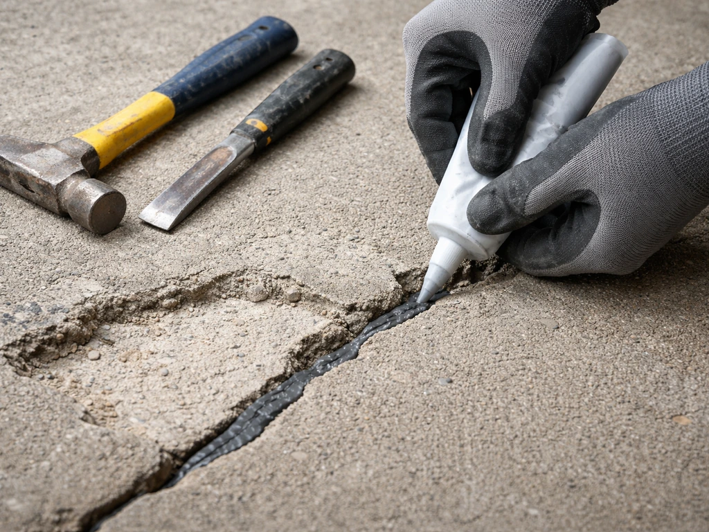 Gloved hands filling a concrete crack while chiseled spall reveals fresh substrate.