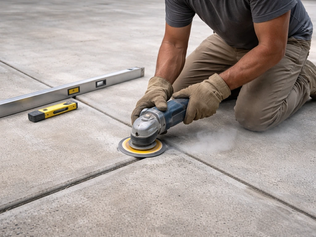 Worker grinding a concrete high spot at a patio control joint with a handheld angle grinder