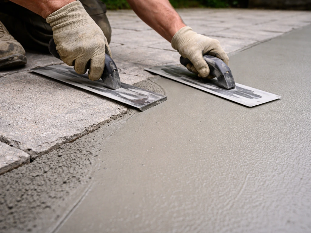 Gloved hands trowel and squeegee a cementitious resurfacer onto a concrete patio for a smooth finish.