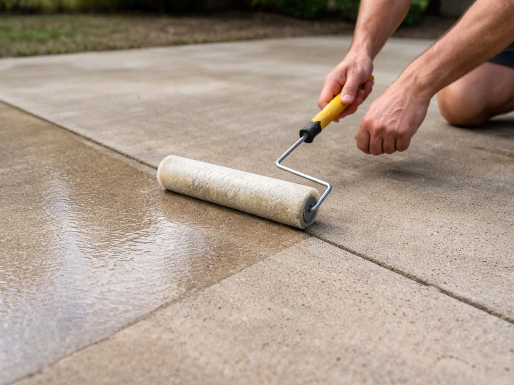 Hands roller-applying clear patio sealer on resurfaced concrete, showing sealed wet sheen vs dull unsealed area.