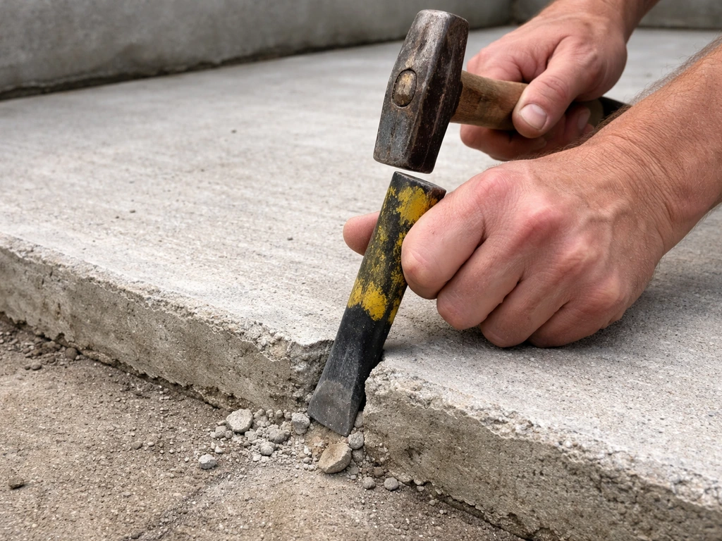Hand chipping a concrete patio edge with a cold chisel to inspect slab thickness before demolition.