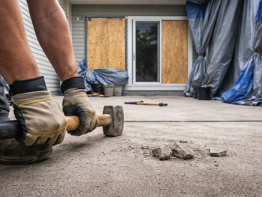 Worker’s hands and a sledgehammer near a concrete patio, with covered windows and heavy tarp in the background.