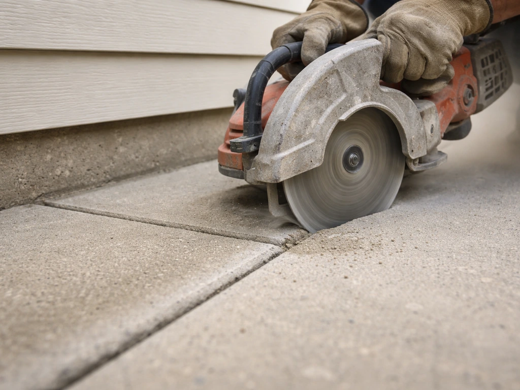 Circular saw cutting a concrete patio perimeter joint near a house