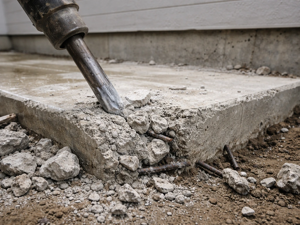 Jackhammer breaking a patio slab along a thick edge beside a house foundation
