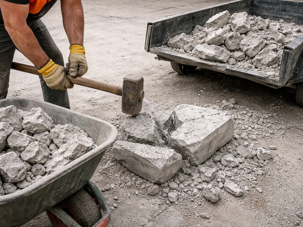Worker breaks concrete into smaller chunks beside a wheelbarrow filled with rubble for disposal.