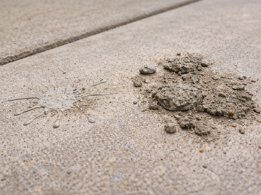 Close-up patio surface showing thin cement drips versus thicker mortar blobs for residue identification