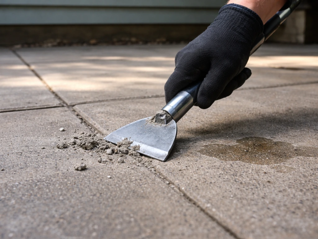 Gloved hand scraping dried mortar blobs on a patio with a floor scraper, low-angle close-up.