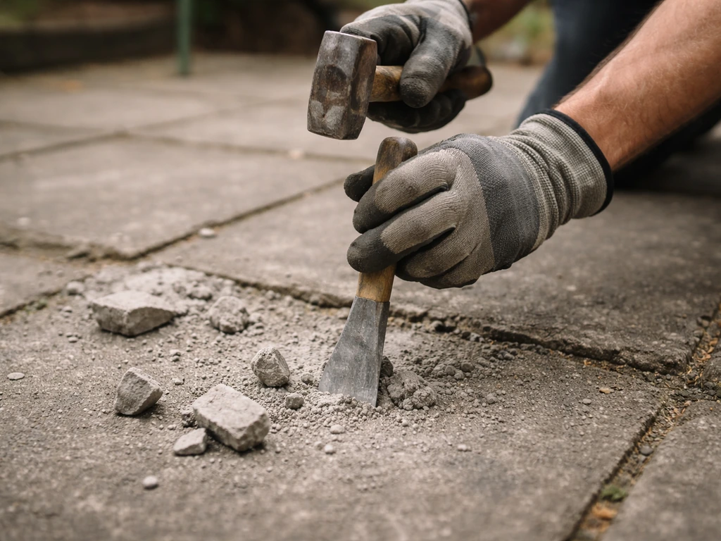 Gloved hands chipping thick cement with a cold chisel and hammer on a patio surface.