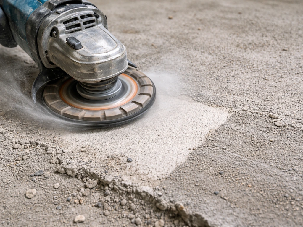 Angle grinder grinding concrete, leaving a thin cement residue skim on a chipped surface.