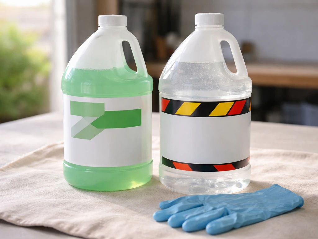 Two sealed chemical containers on a clean workbench: buffered masonry cleaner and muriatic acid, safely staged side by s