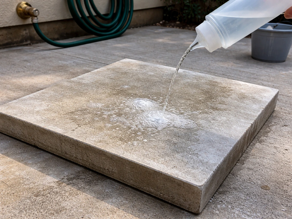 Baking soda solution being applied to a concrete slab during neutralization, with bubbling and rinse cleanup