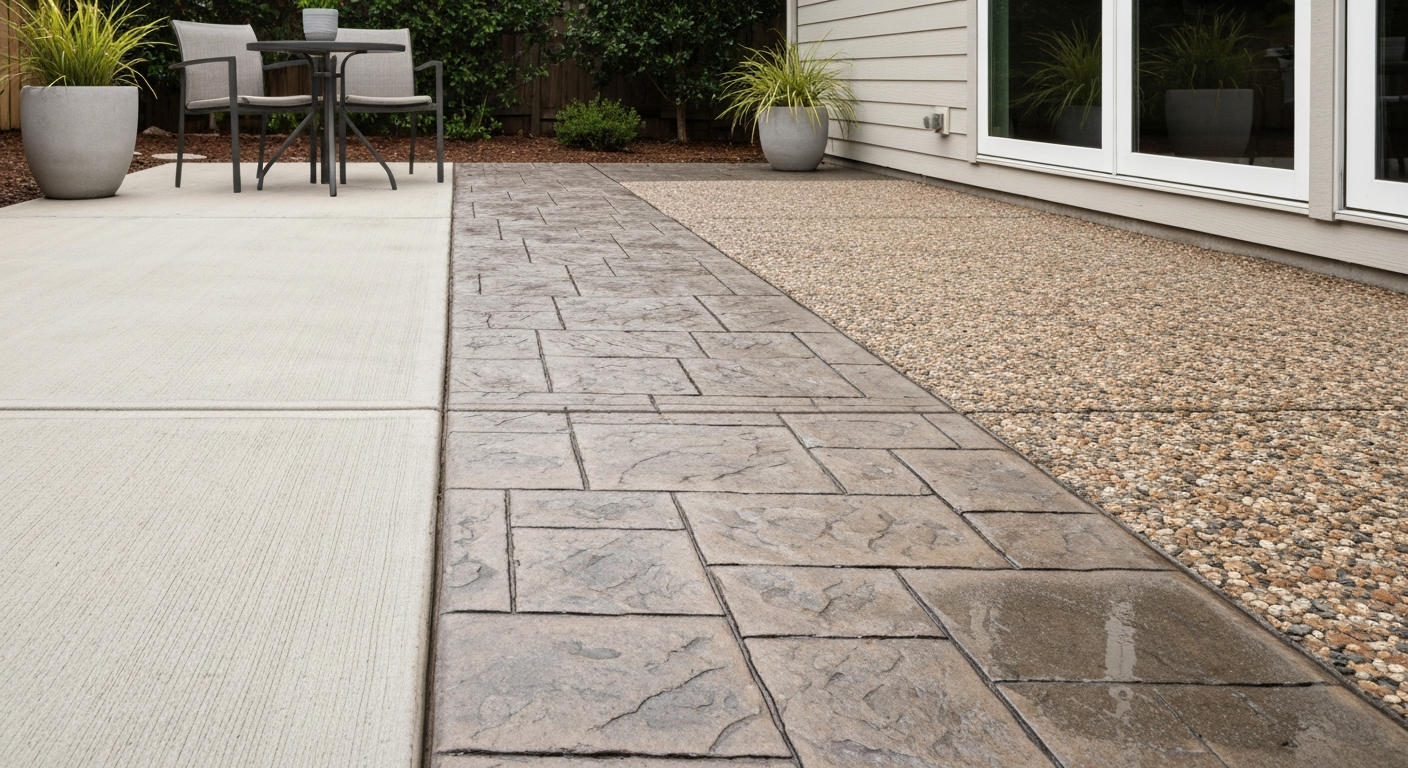 Aerial-angle photorealistic view of a backyard concrete patio showing three textures side-by-side: broom finish, stamped slate pattern, and exposed aggregate.