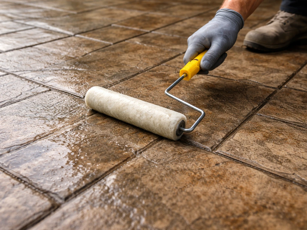Gloved worker rolls a thin even coat of sealer onto stamped concrete, showing a uniform wet sheen.