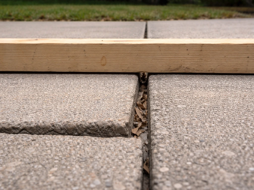 Close-up of a straightedge showing uneven patio panel height across a joint and crack line.