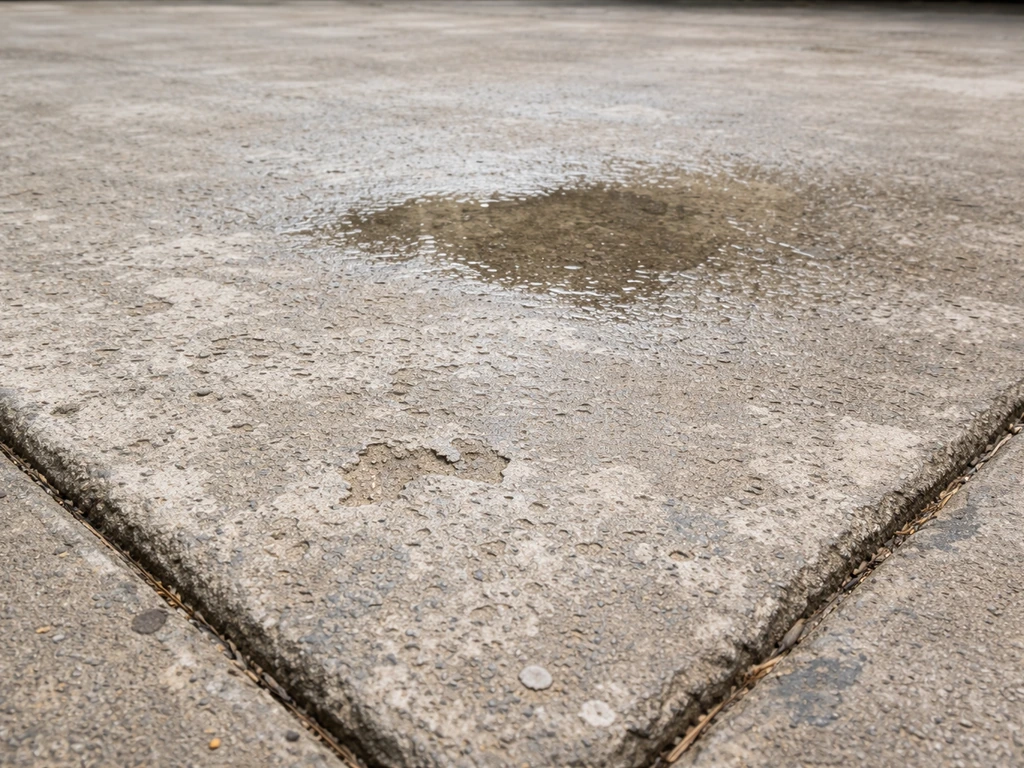Close-up of pitted, scaled concrete patio with a shallow depression indicating surface-level low spots