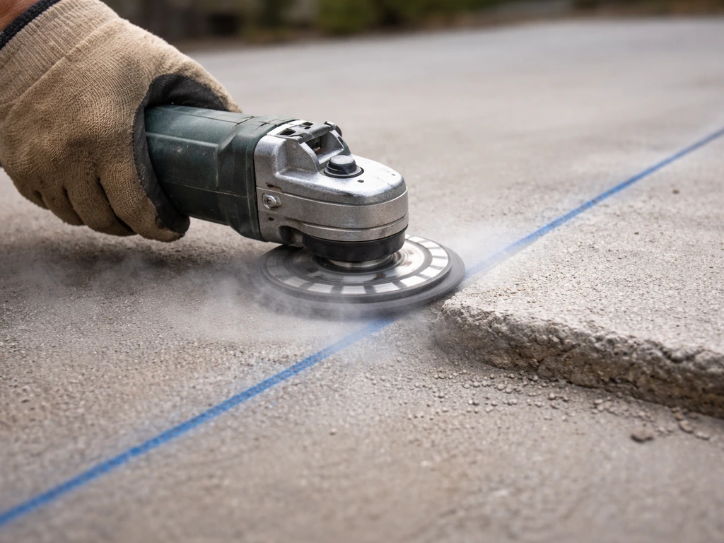 Angle grinder with diamond wheel grinding a raised concrete high spot along a chalk line.