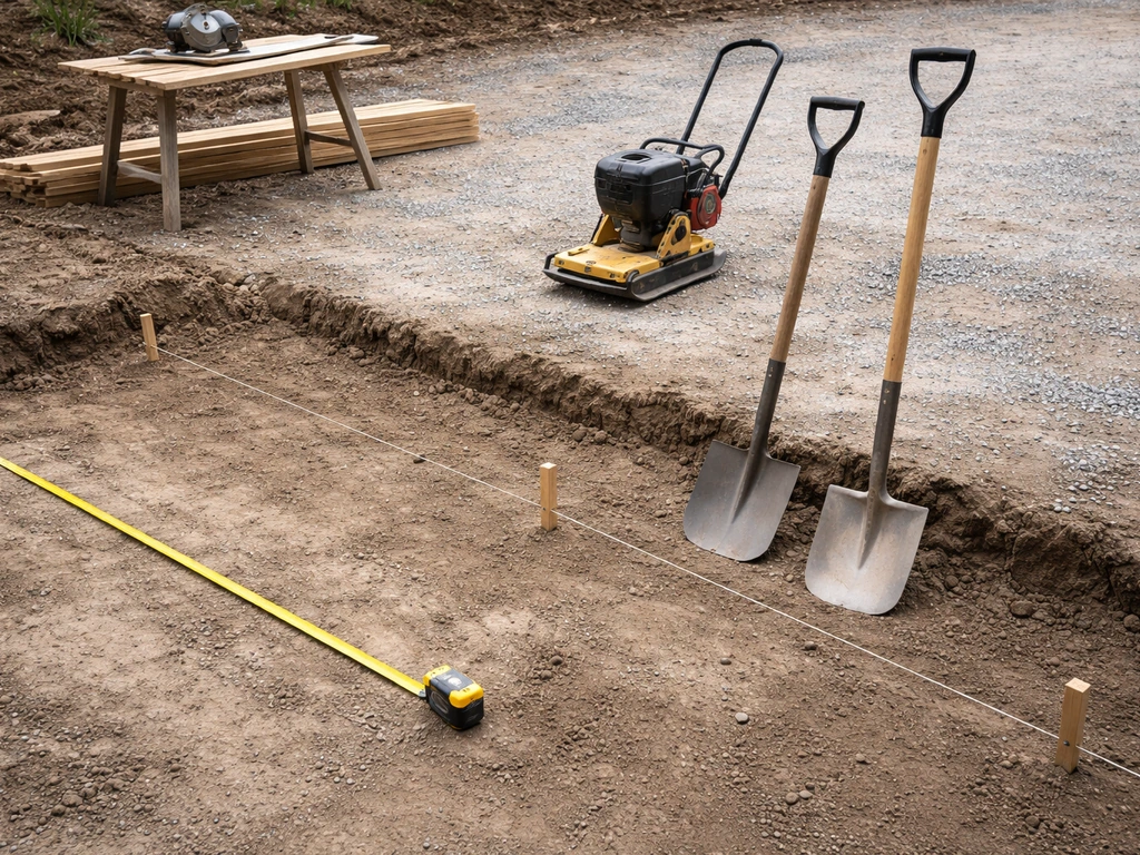 DIY patio tools laid out on-site: tape measure, mason’s line, shovel, plate compactor, and saw.