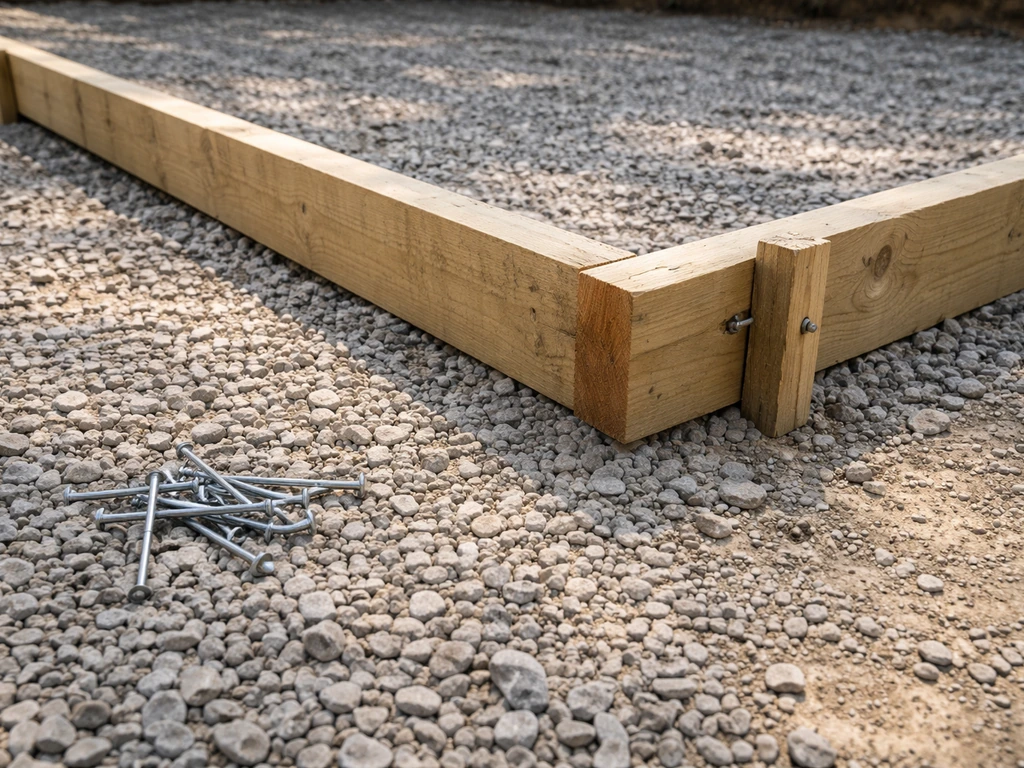 Close-up of patio base materials: crushed stone, 2x6 forms, stakes, and fasteners arranged for pouring