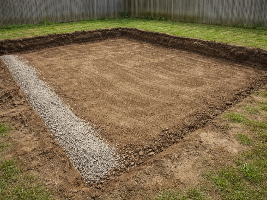 Minimal backyard patio footprint showing excavated, graded subgrade ready for gravel base.