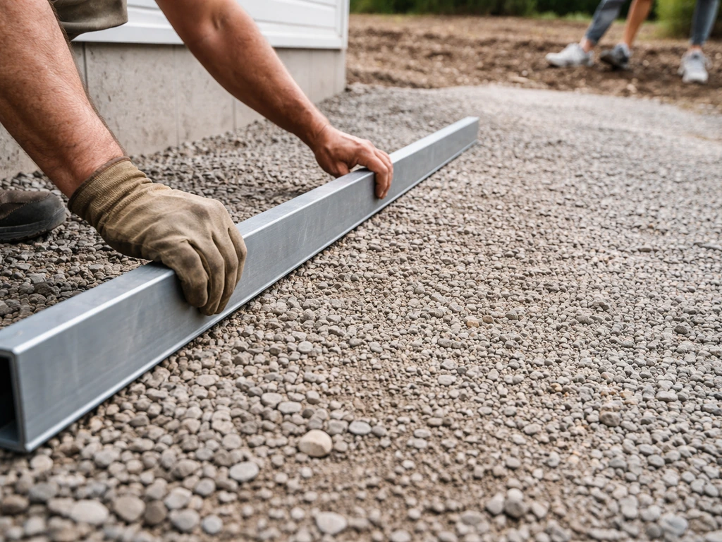 Contractor leveling crushed gravel near a house foundation with a straightedge showing subtle slope away