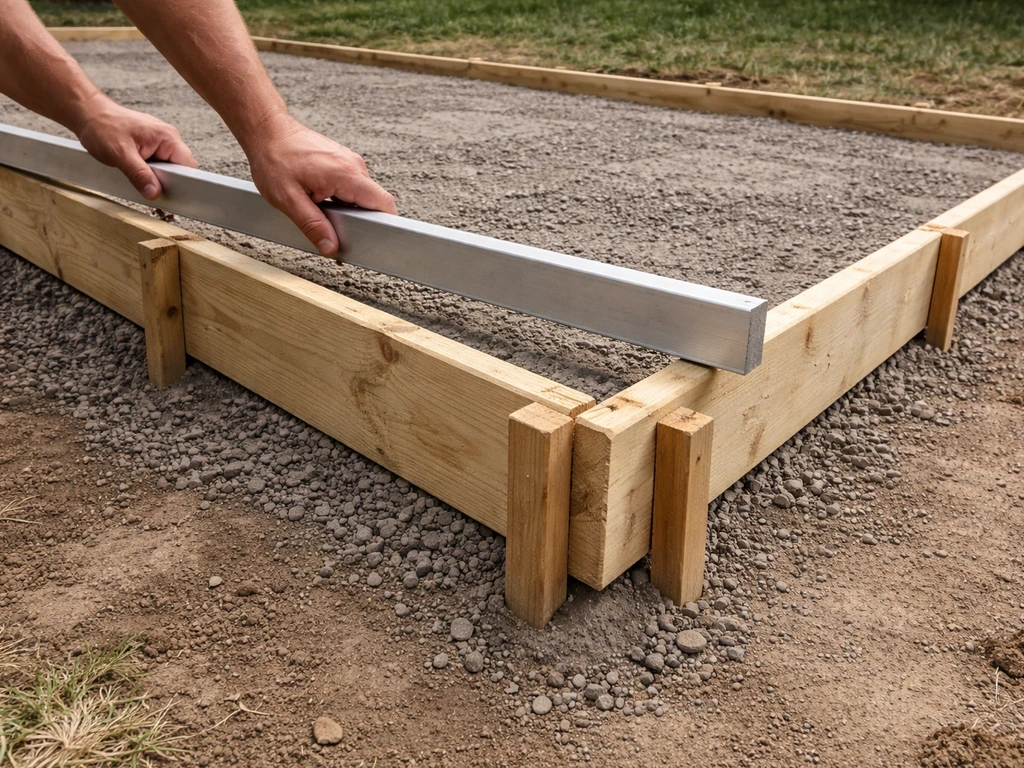 Close-up of straight 2x4 forms staked for a concrete slab, kept level with a straightedge