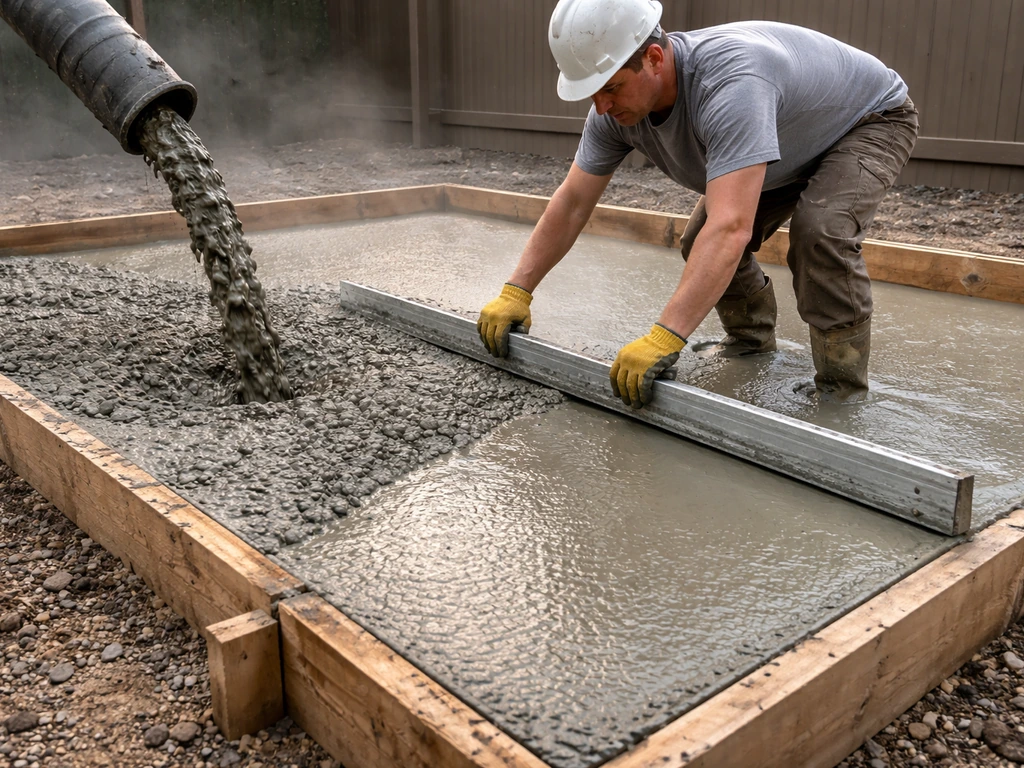 Worker levels freshly poured concrete in a formed patio area while another stream feeds the slab.