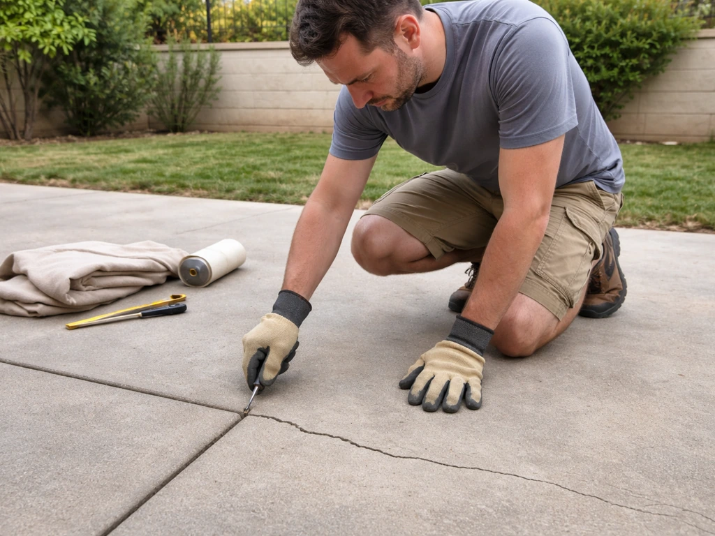 Homeowner kneels on a concrete patio inspecting a hairline crack with protective tarp nearby