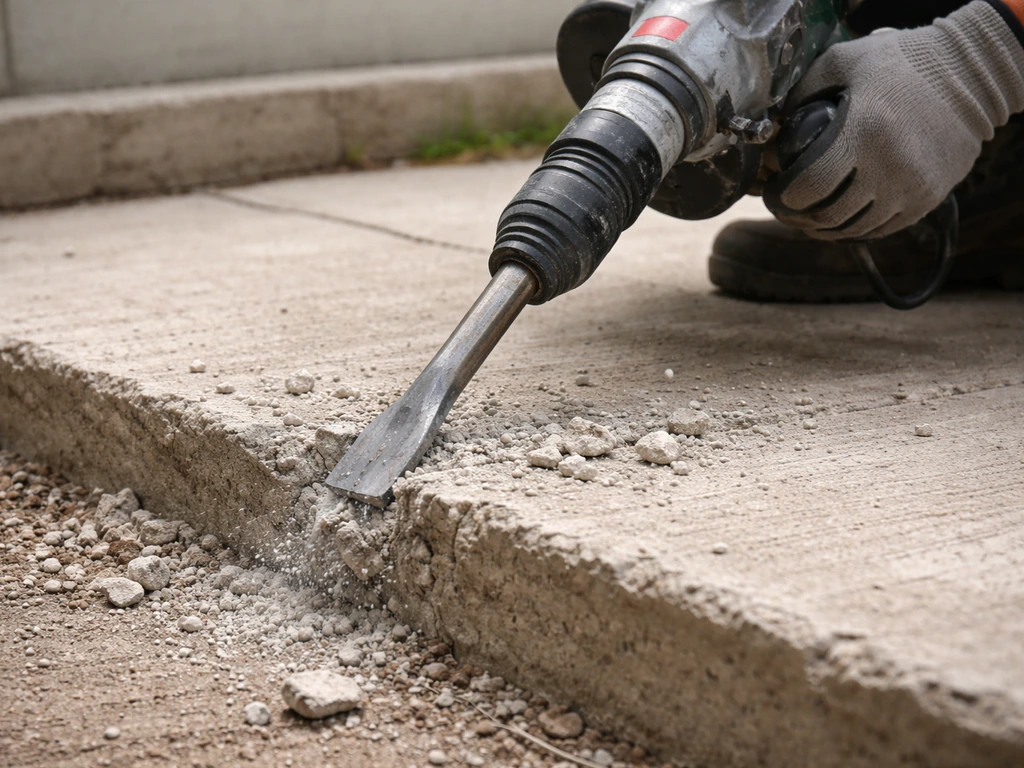 Rotary hammer with chisel bit striking a concrete slab edge near a small patio
