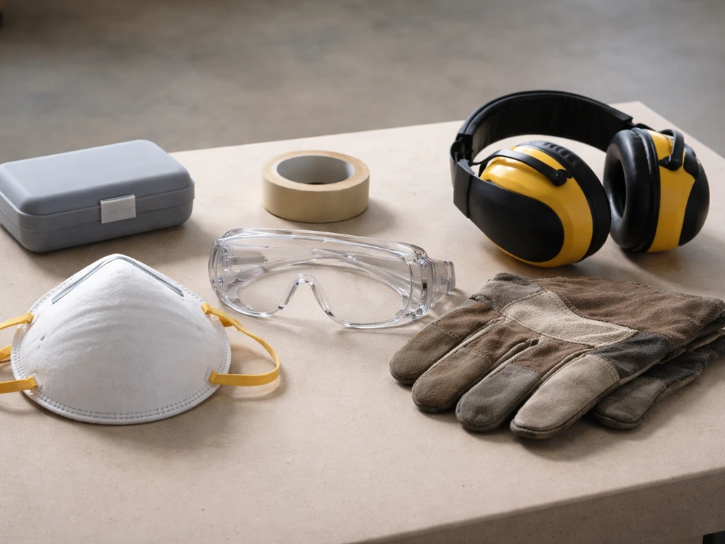 PPE essentials—respirator, goggles, gloves, and hearing protection—laid out on a work table
