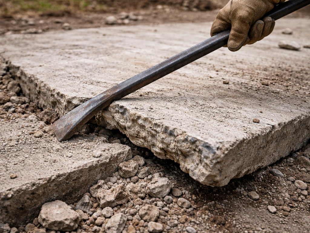 Pry bar levered into a cracked concrete slab as a chunk lifts for removal