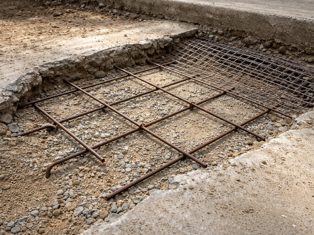 Exposed rebar and wire mesh in a gravel base area after a removed concrete slab