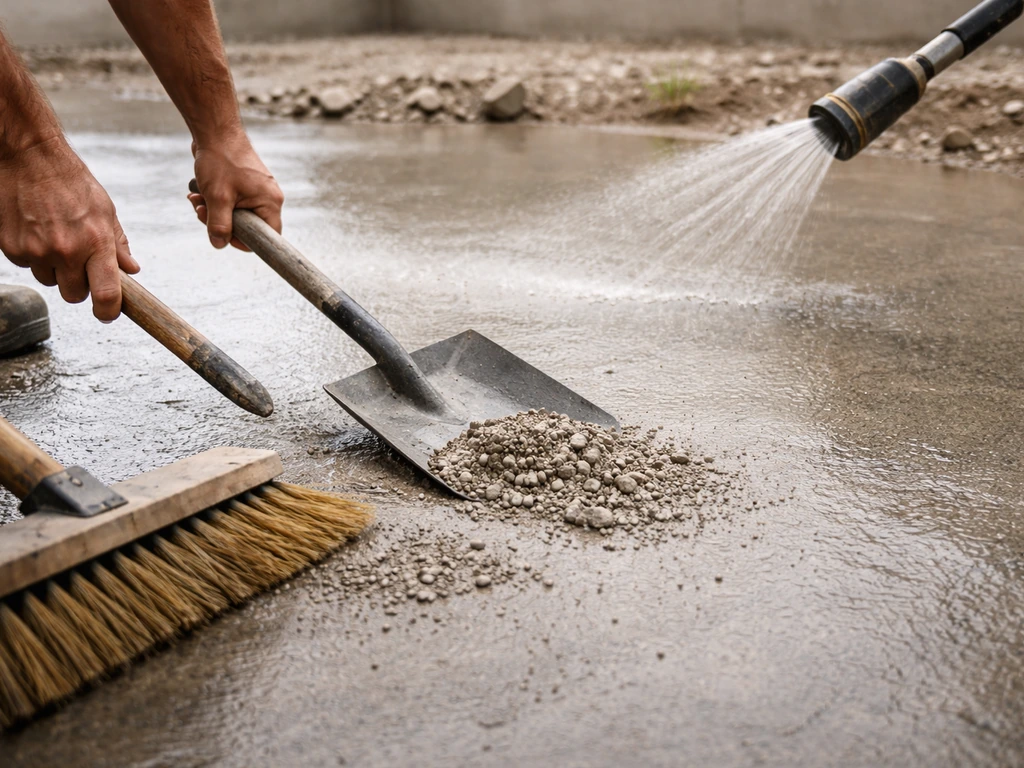 Worker sweeping and wetting concrete dust after demolition, flat shovel and stiff broom on a clean jobsite.