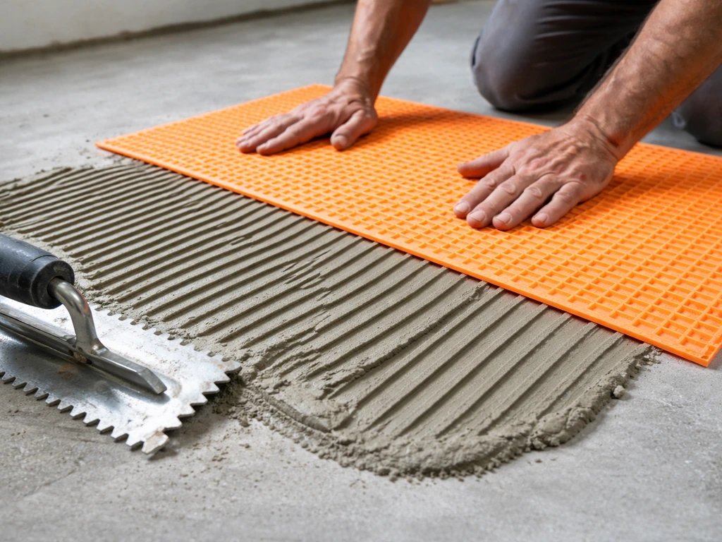 Thinset spread with a notched trowel, DITRA membrane pressed fleece-side down onto concrete.