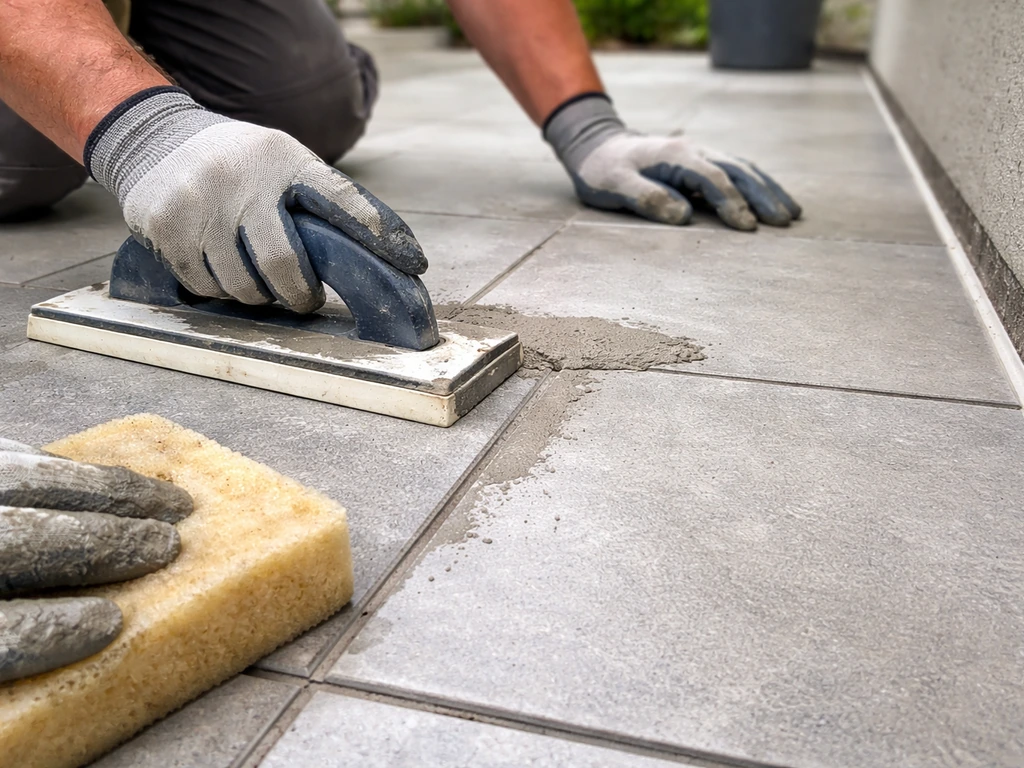 Gloved hands applying grout and cleaning haze on outdoor tile, with a visible caulk line at an edge.
