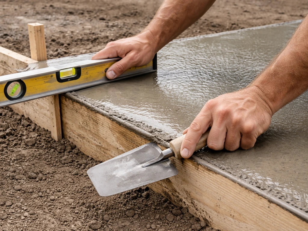 Anonymous hands use a spirit level and trowel to check forms and edges on fresh wet concrete.