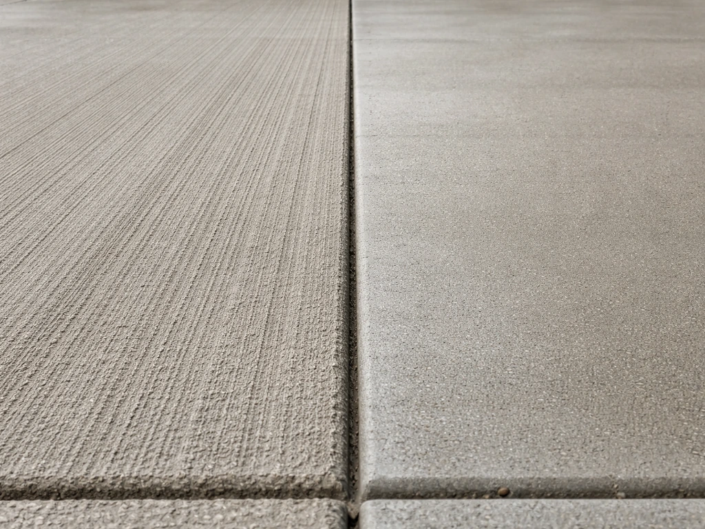 Patio showing two adjacent finishes: broom-textured slip-resistant vs smoother float-finished concrete