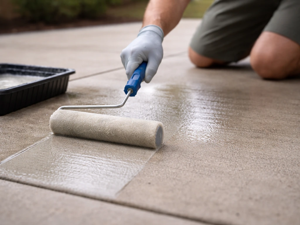 Worker applying concrete sealer with a roller on a cured patio slab