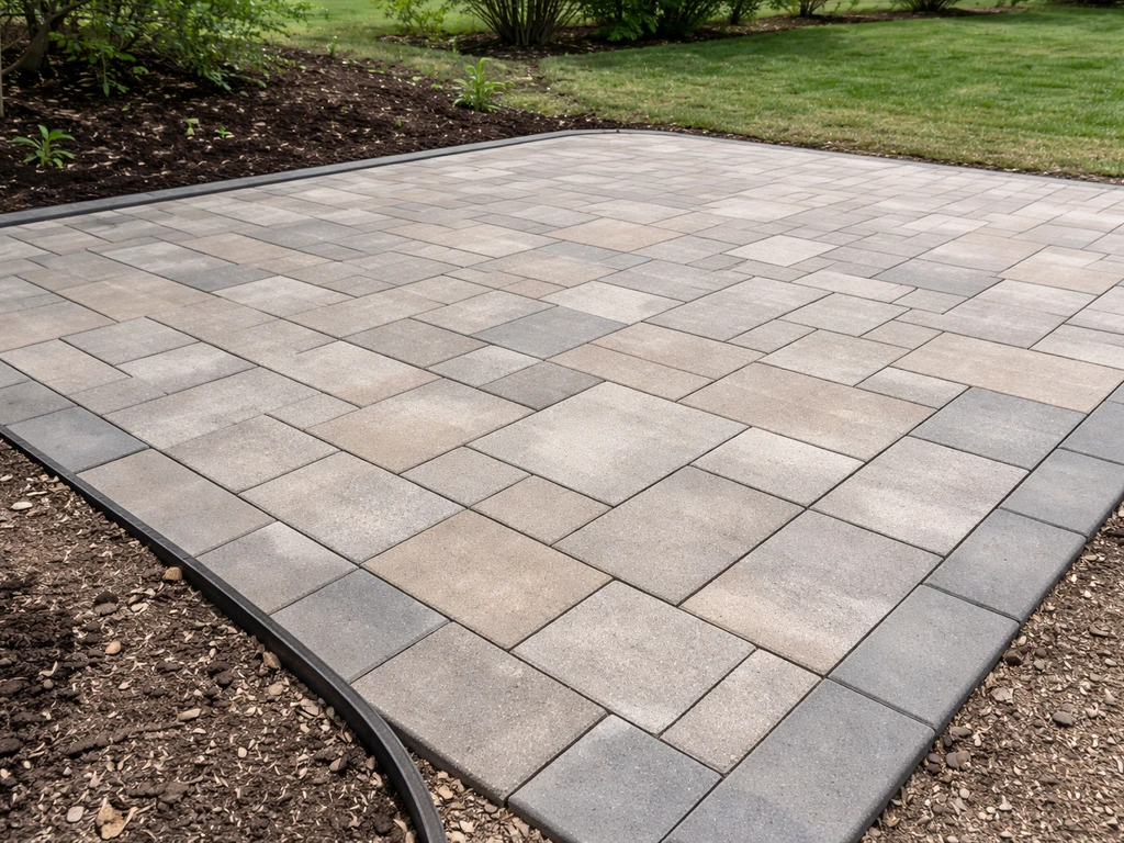 Finished paver patio with edging and clean joints, subtle slope for drainage in a backyard.