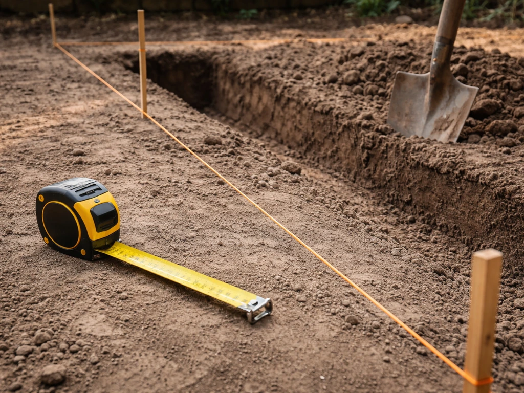 Close-up of patio footprint markings with stakes and string and the start of excavation in bare soil.
