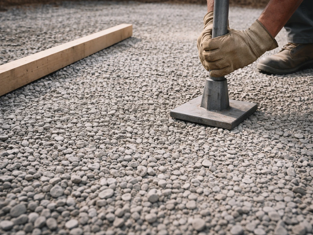 Gloved hands compacting a leveled gravel base with a metal tamper outdoors.