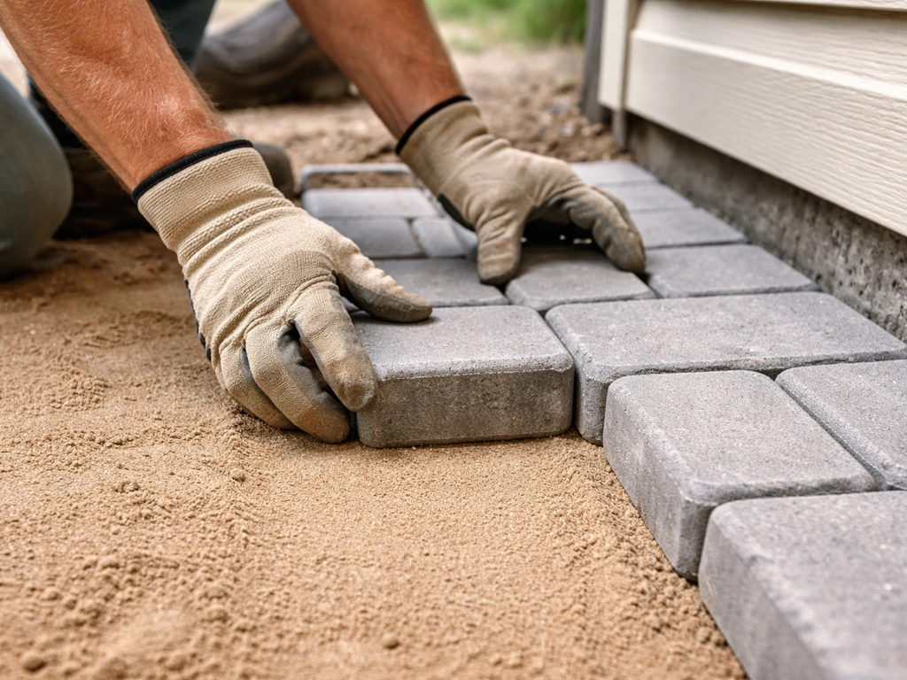 Hands placing interlocking pavers on screeded sand, with consistent gaps beside a house corner
