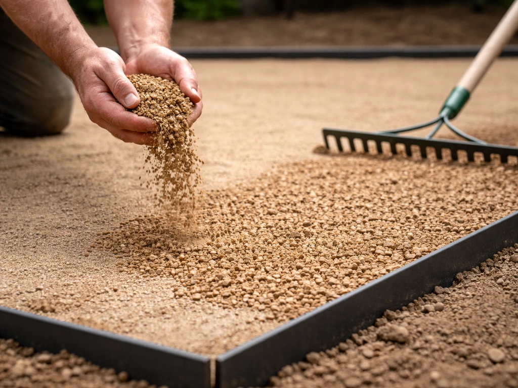 Hands pouring and raking gravel into an even layer on a patio base with metal edge restraints visible.