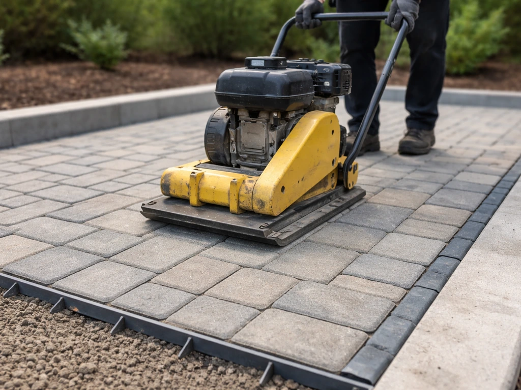 Plate compactor tamping a newly laid paver patio with edge restraints along the perimeter.