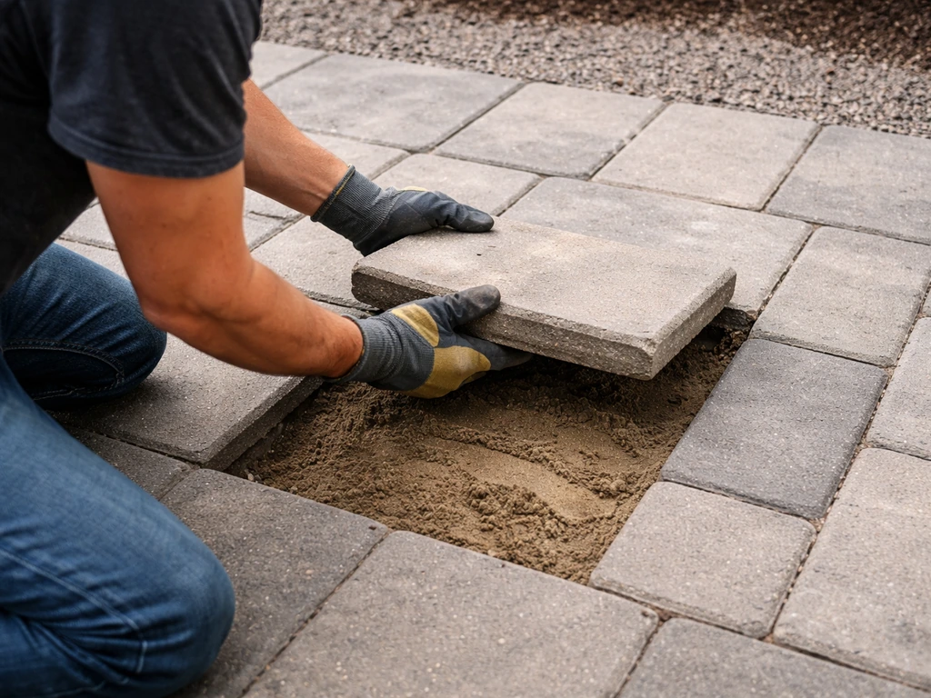 Technician lifts a slightly sunken paver in a driveway, re-leveling sand to fix water pooling.