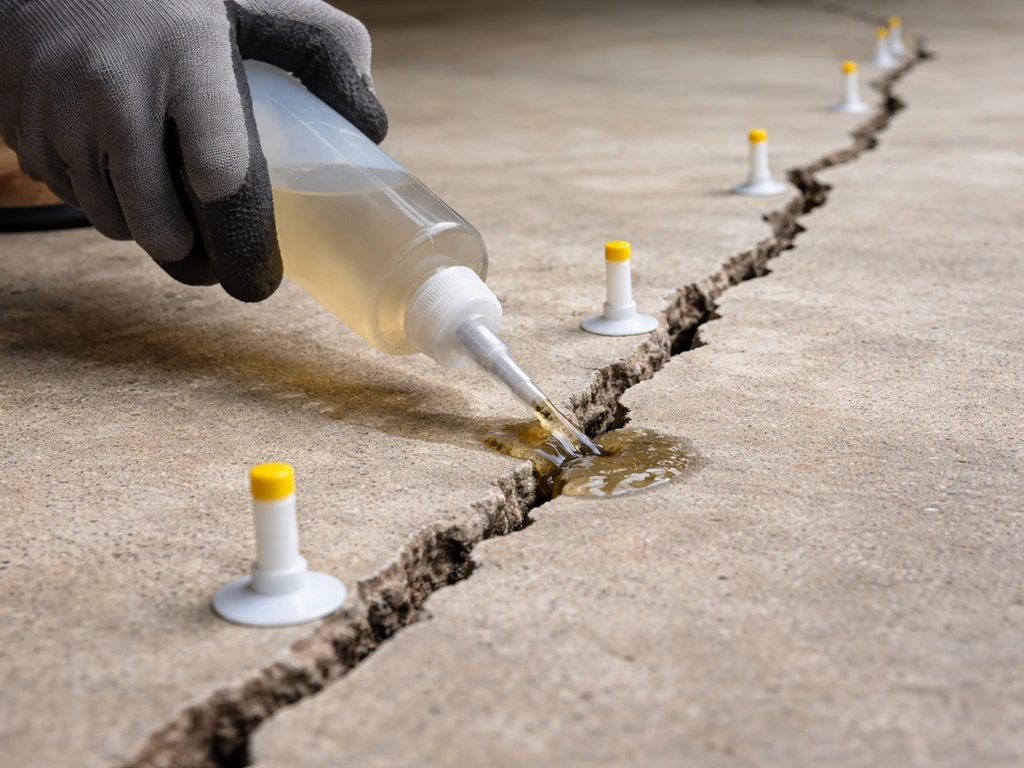 Close-up of concrete crack with injection ports and low-viscosity epoxy being applied, minimal jobsite scene.