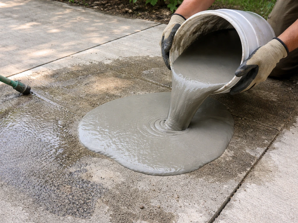 Gloved hands pour self-leveling concrete over a low spot to improve drainage on an outdoor slab.