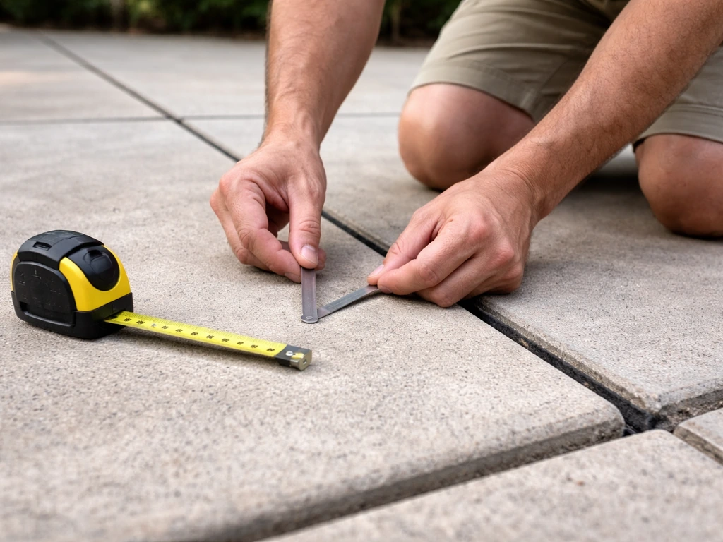 Anonymous homeowner kneeling and measuring an expansion gap along a concrete patio edge with a tape measure.