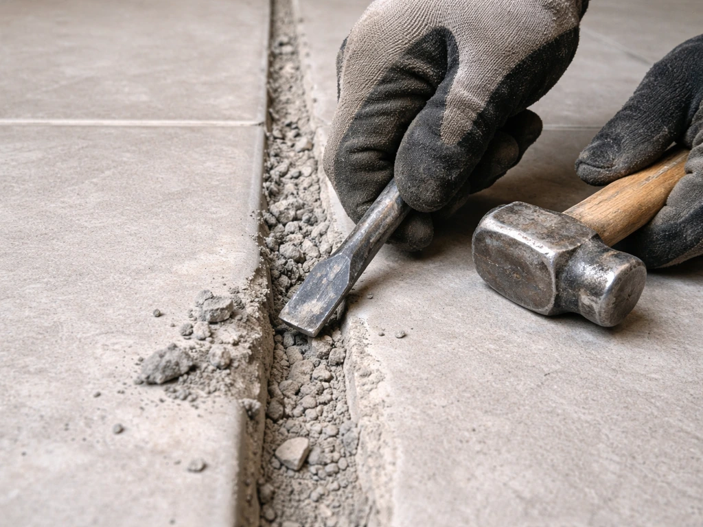Gloved hand chipping away loose concrete along the edges of a narrow floor gap with a cold chisel.