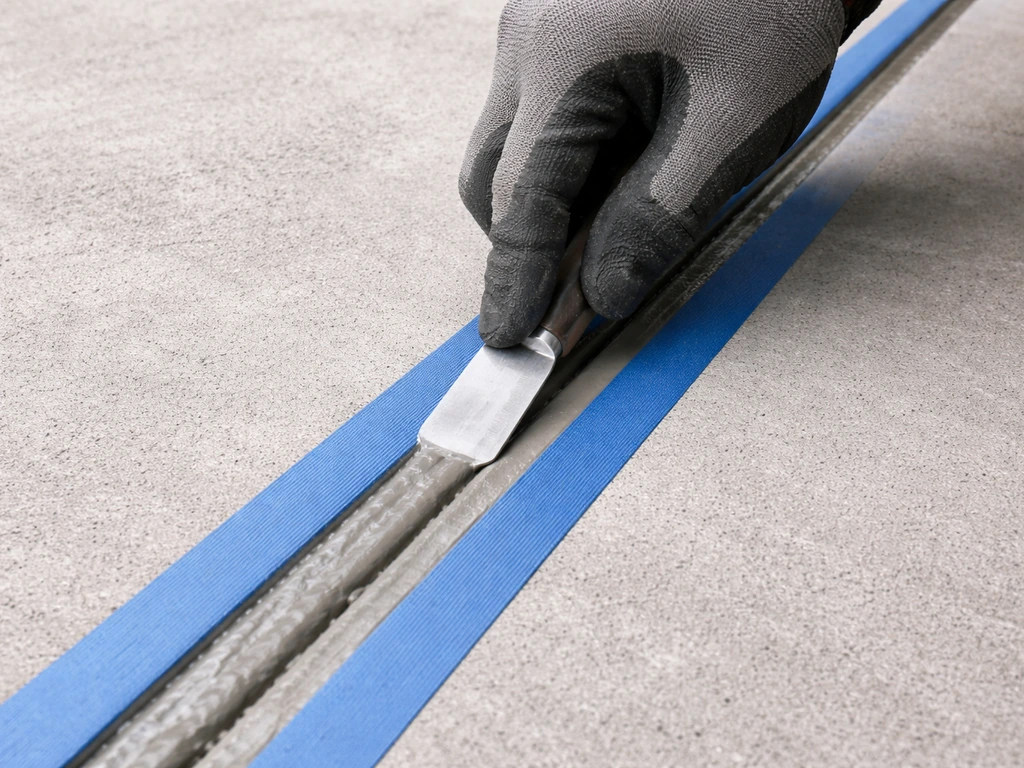 Hands apply sealant into a concrete expansion joint, with painter’s tape on both sides and a smooth finished bead.