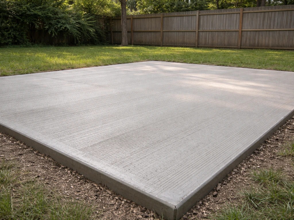 Finished concrete patio slab with broom texture in a quiet backyard